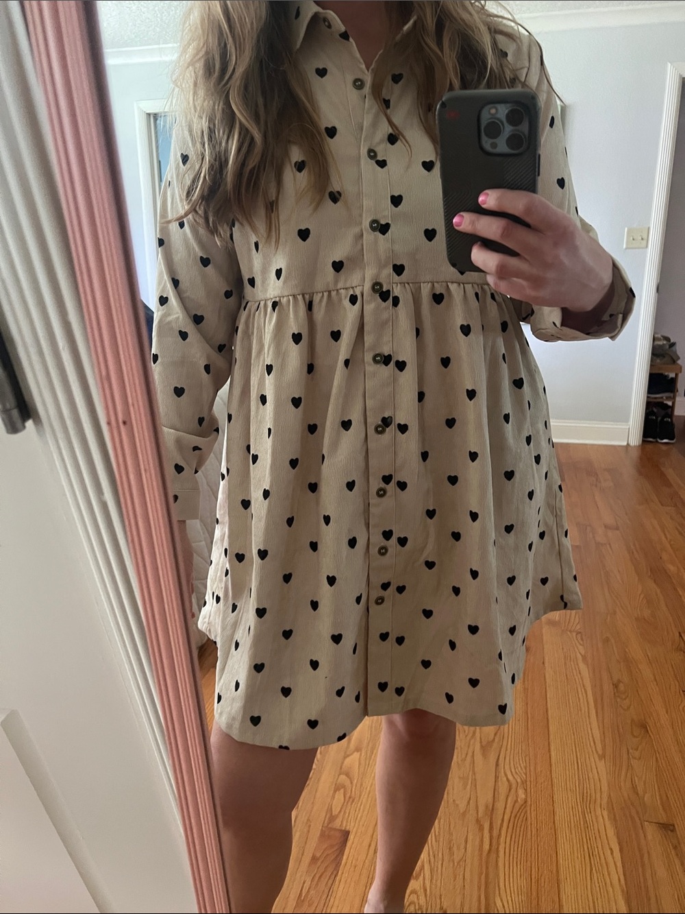 Umgee Heart Dot Courderoy Button Up Long Sleeve Dress Small NWT